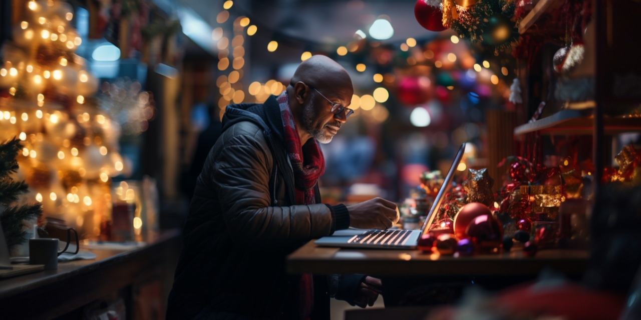 man sitting at laptop surrounded by christmas decorations