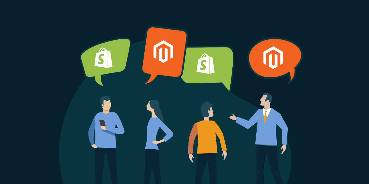 Illustrated people with Shopify and Magento logos in speech bubbles. 