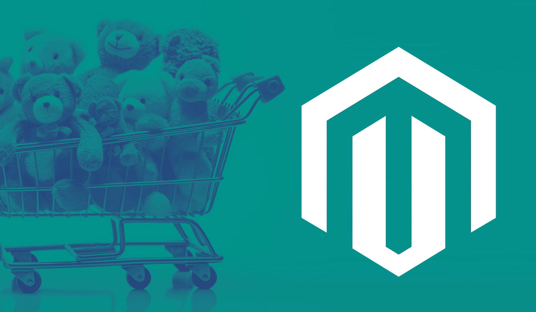 Magento logo next to a shopping trolly fully of toys