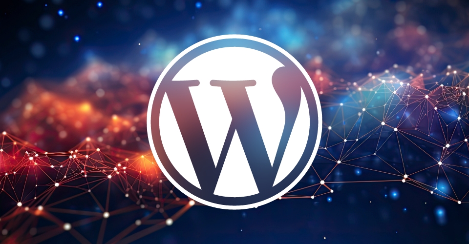 WordPress logo on a dark blue and red background
