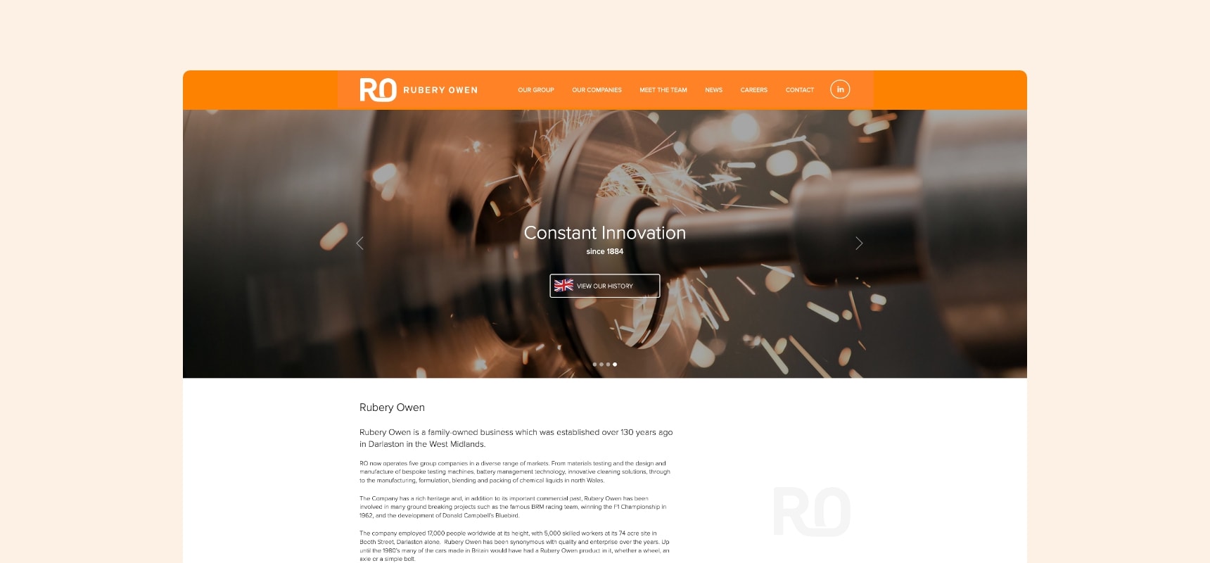 Rubery Owen website desktop design. Home page