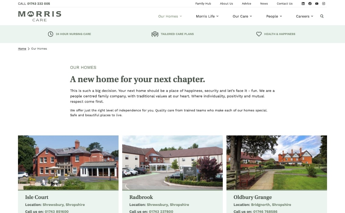 Desktop website design of the care home list page