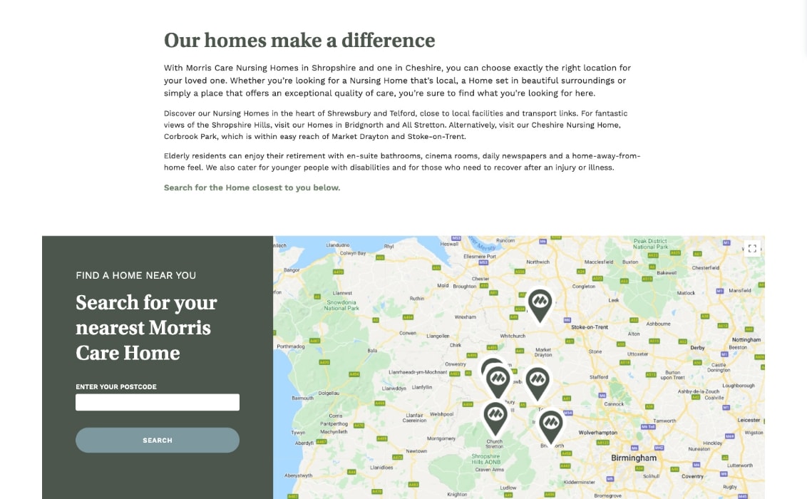 Desktop website design of the care home finder tool