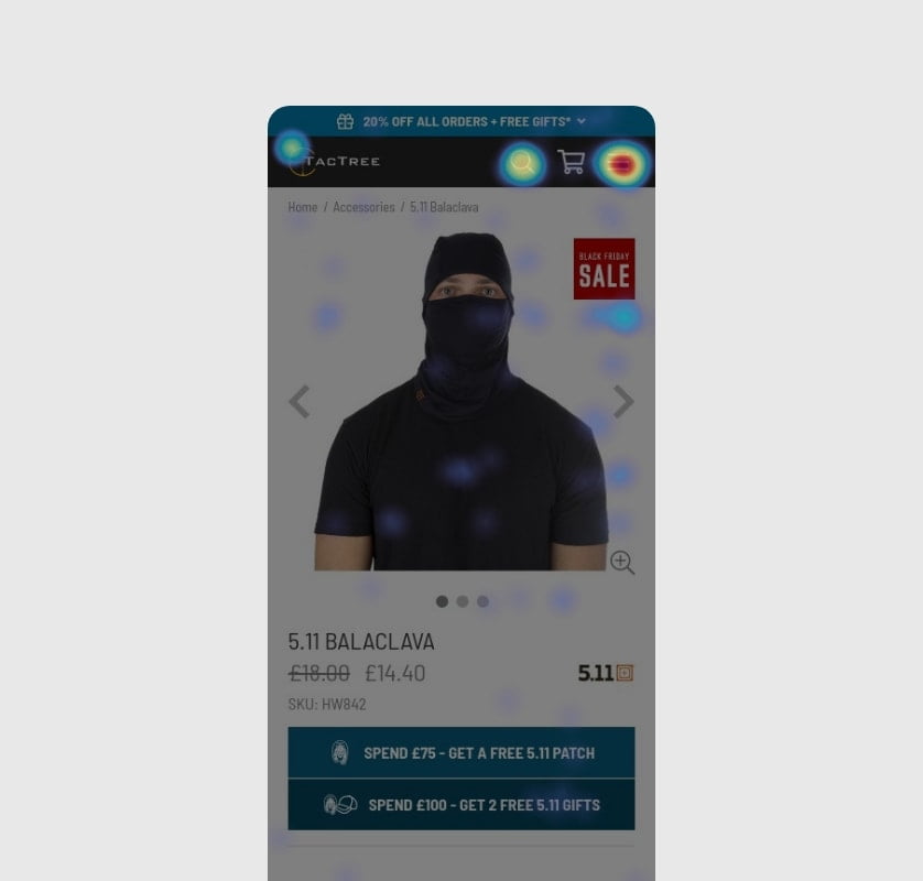 TacTree mobile UX testing. Product page heat map