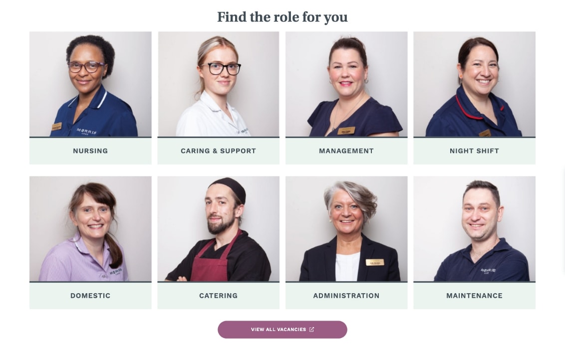 Desktop website design of the find the role for you section