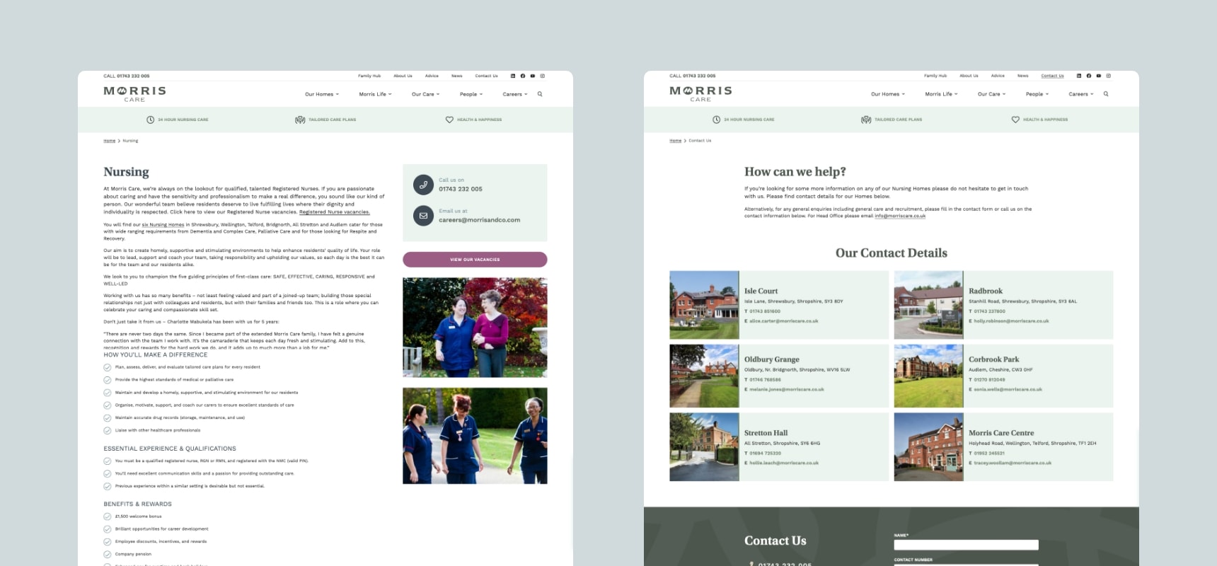Desktop website design of the nursing and contact pages