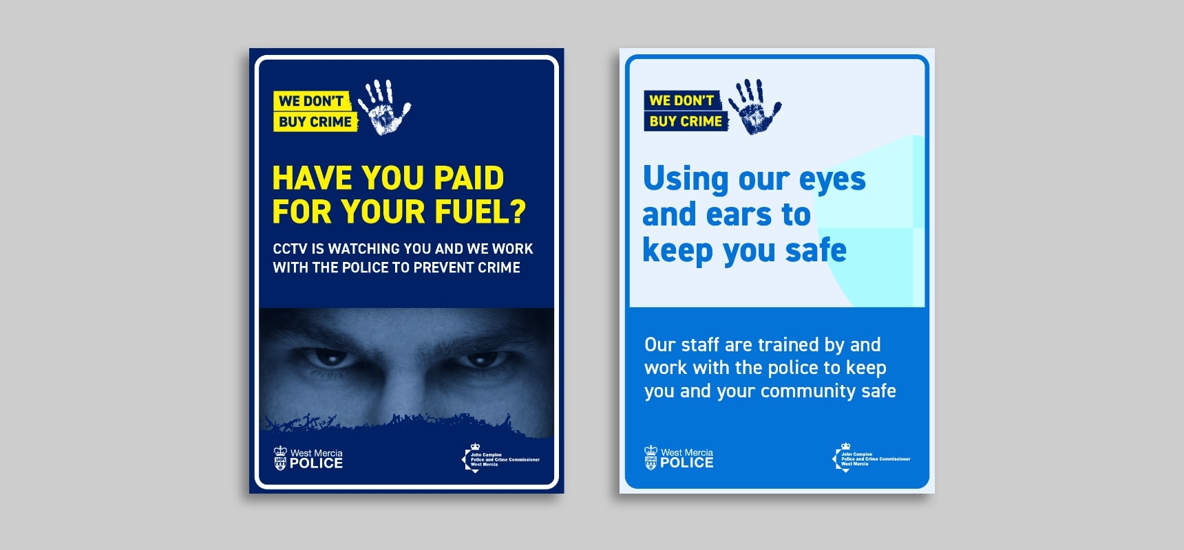 We Don't Buy Crime Poster design showing the previous design on the right