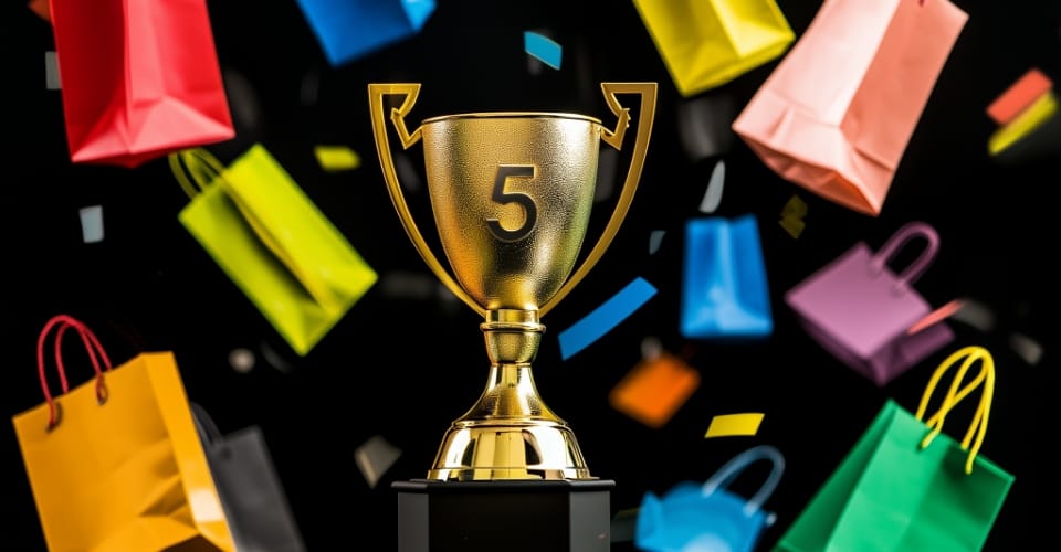 A trophy with the number five on it, on a black background surrounded by colourful shopping bags.