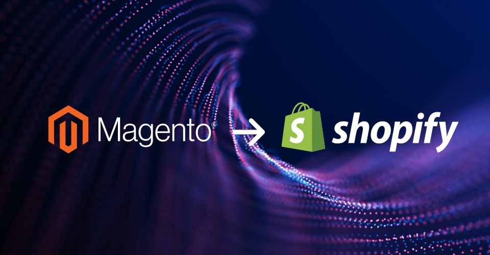 Magento logo with an arrow pointing to Shopify logo on a dark purple background