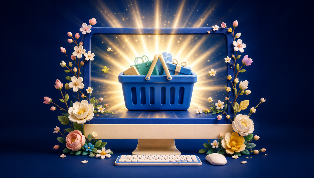 An image of a blue shopping basket on a desktop computer - surrounded by spring flowers.