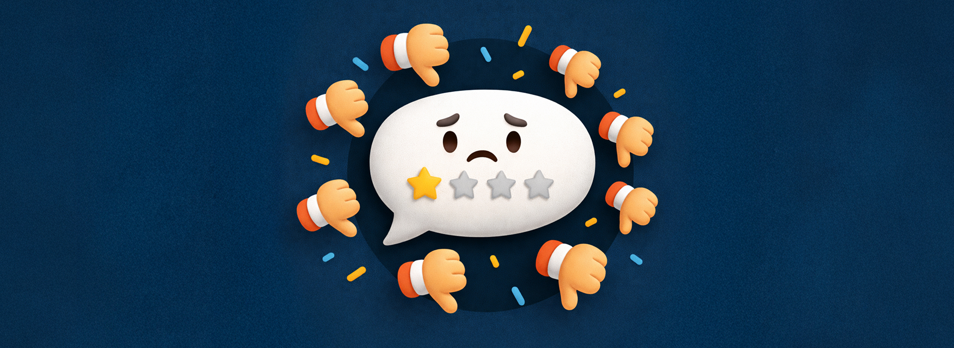 a speech bubble with a one star rating and sad face is surrounded by thumbs down icons.