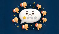 a speech bubble with a one star rating and sad face is surrounded by thumbs down icons.