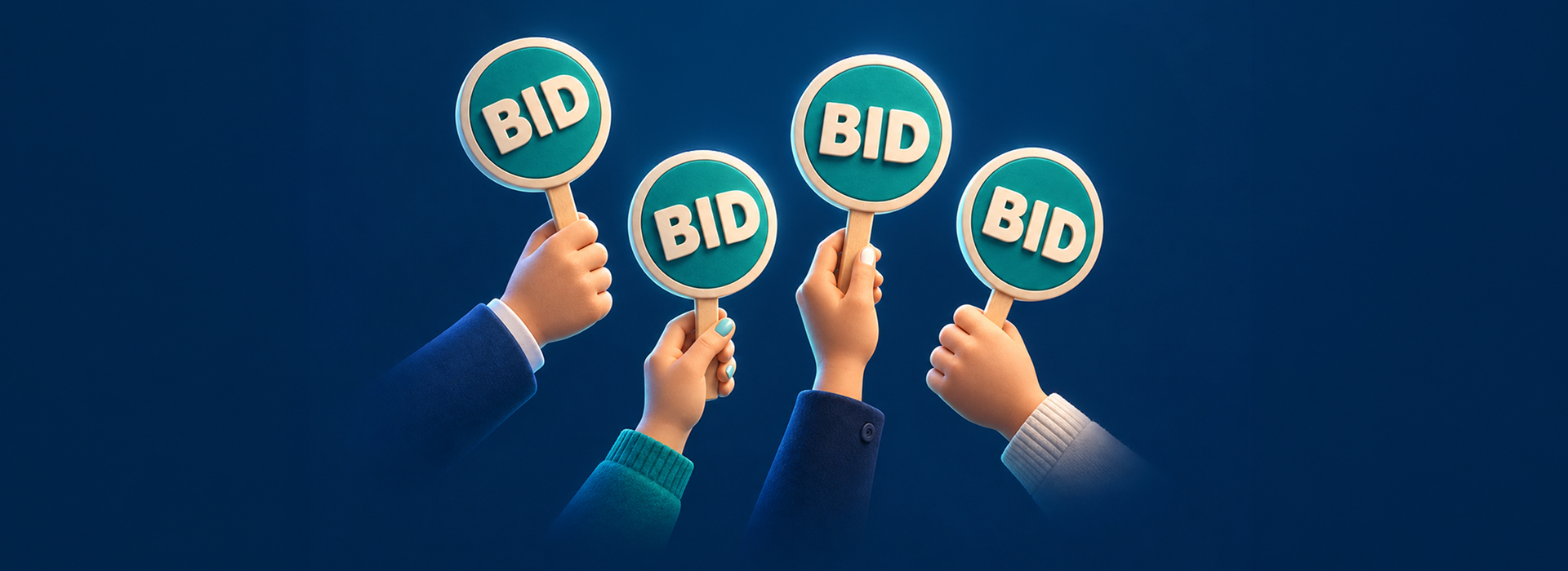 hands holding up bidding signs on a blue background